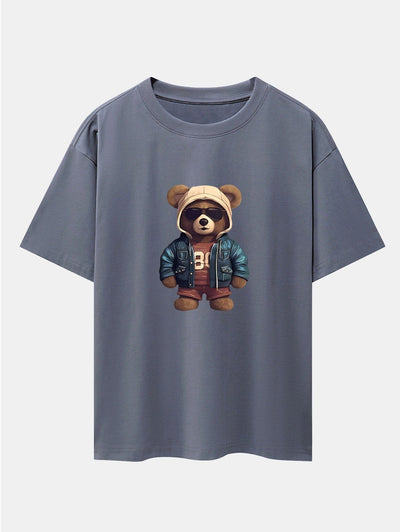 Bear In Leather Jacket Print Drop Shoulder Oversize T-Shirt
