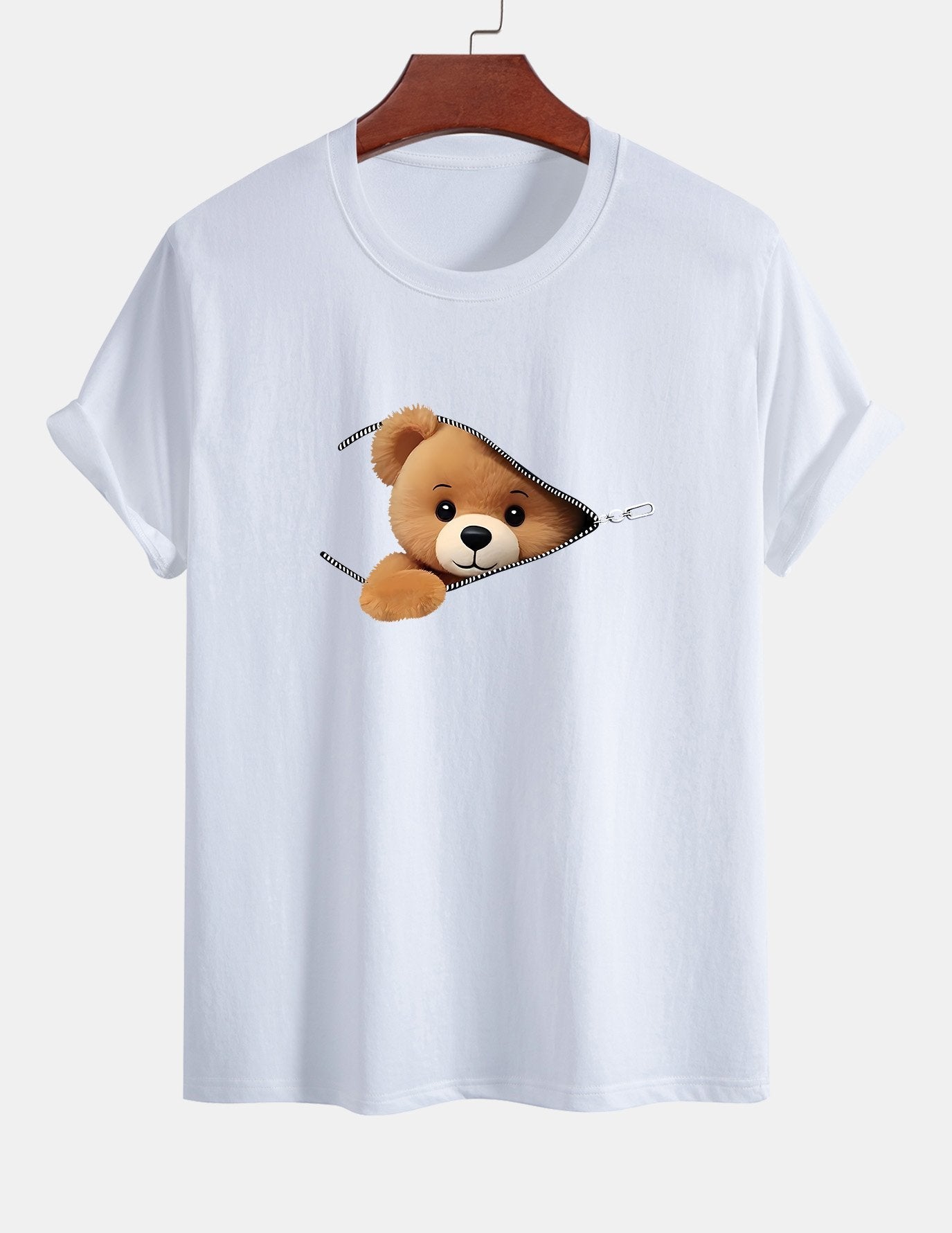 Regular Fit Zipper Bear Print Cotton T-Shirt