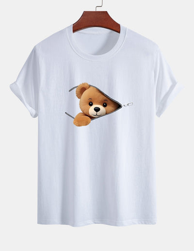 Regular Fit Zipper Bear Print Cotton T-Shirt