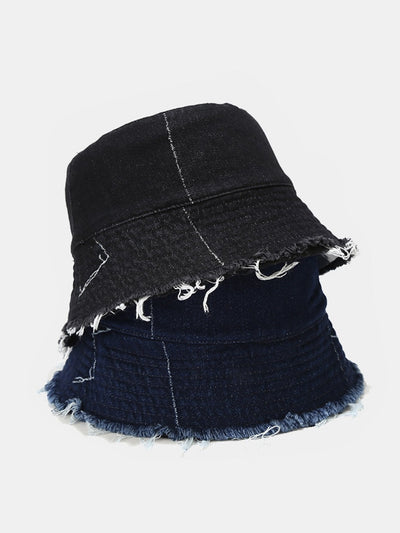 Spliced Denim Tassel Comfortable And Versatile Bucket Hat Can Be Worn On Both Sides
