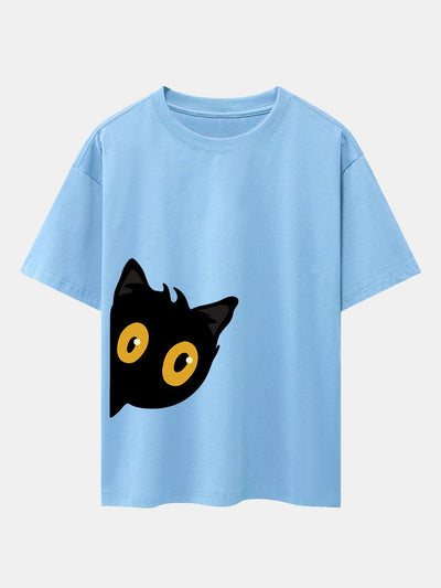 Black Cat Is Watching Print Drop Shoulder Oversize T-Shirt
