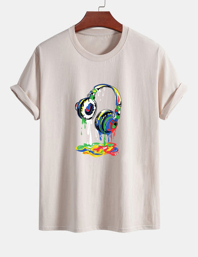 Regular Fit Dissolving Headphones Print Cotton T-Shirt