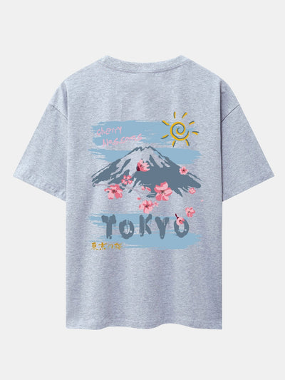 Mountain Cherry Blossoms Back Print Oversize T-Shirt