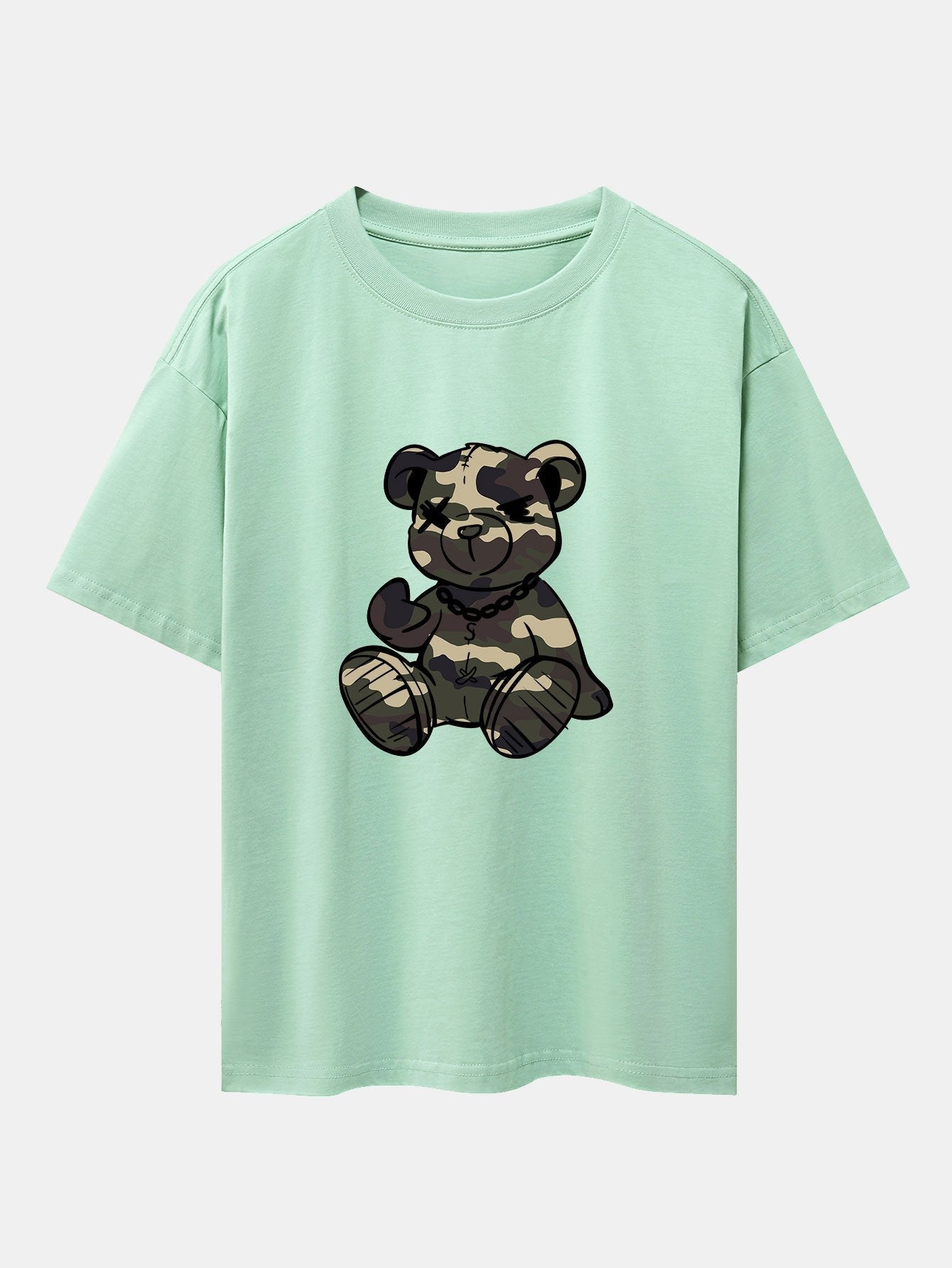 Camouflage Bear Print Drop Shoulder Oversize T-Shirt