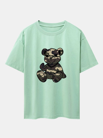 Camouflage Bear Print Drop Shoulder Oversize T-Shirt