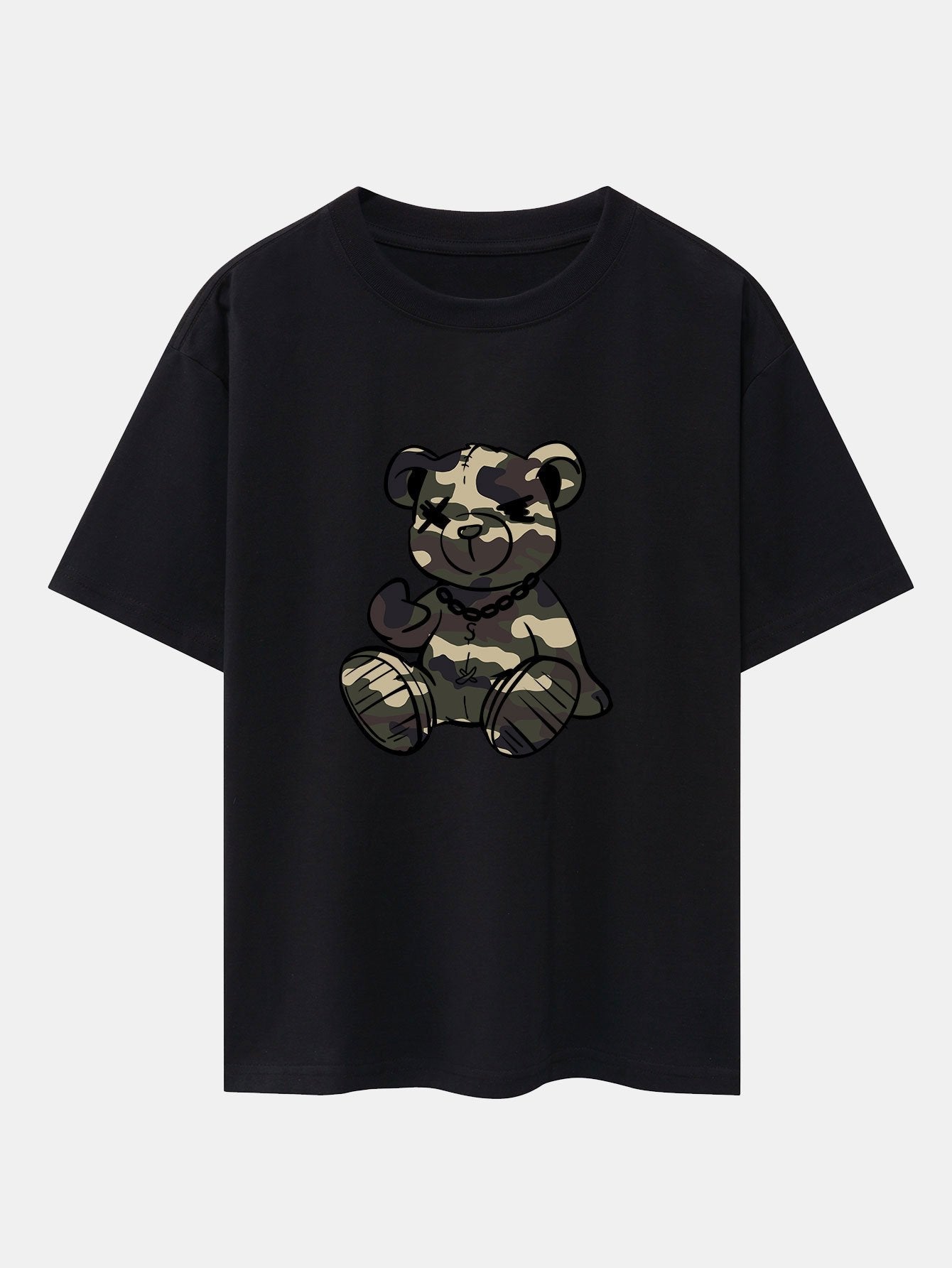 Camouflage Bear Print Drop Shoulder Oversize T-Shirt