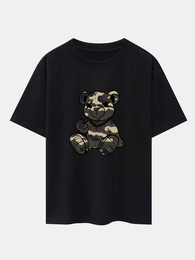 Camouflage Bear Print Drop Shoulder Oversize T-Shirt