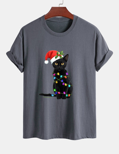 Regular Fit Christmas Lights Cat Print Cotton T-Shirt