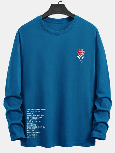 Long Sleeve Slogon Rose Print Cotton T-Shirt