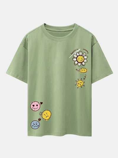 Sun And Flowers Print Drop Shoulder Oversize T-Shirt