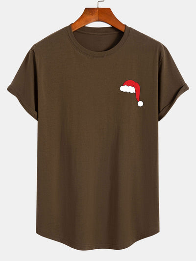 Santa Hat Print Cotton Arc Hem T-Shirt