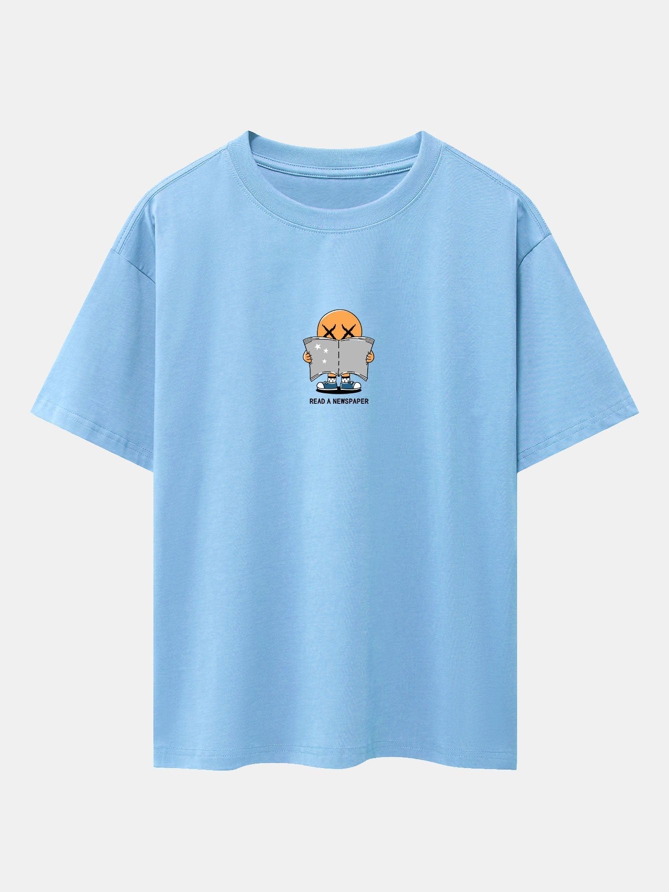 Cartoon Smiley Read Newspaper Print Drop Shoulder Oversize T-Shirt