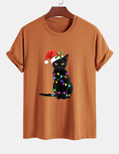Regular Fit Christmas Lights Cat Print Cotton T-Shirt