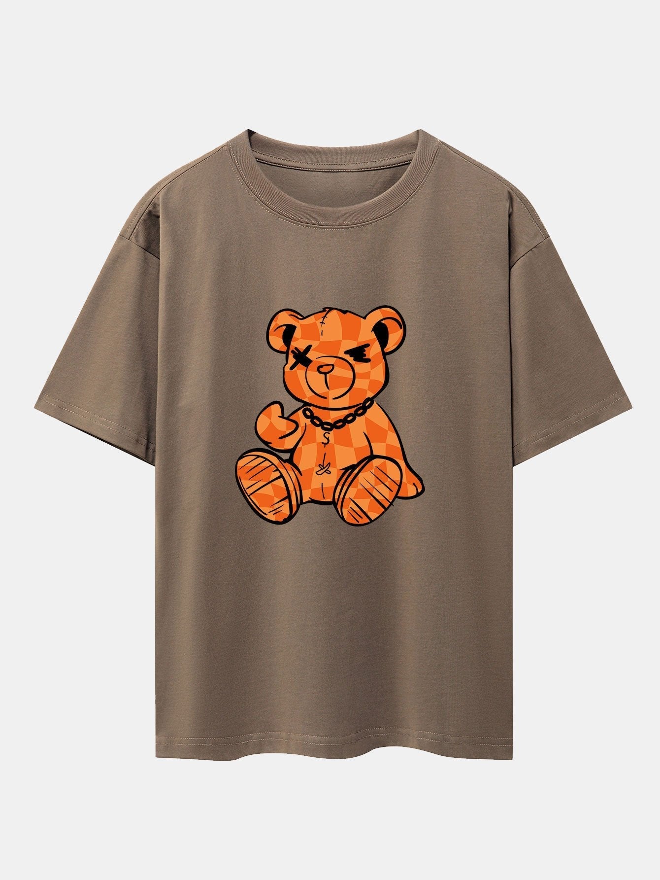 Orange Stitching Bear Print Drop Shoulder Oversize T-Shirt