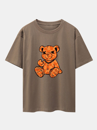 Orange Stitching Bear Print Drop Shoulder Oversize T-Shirt