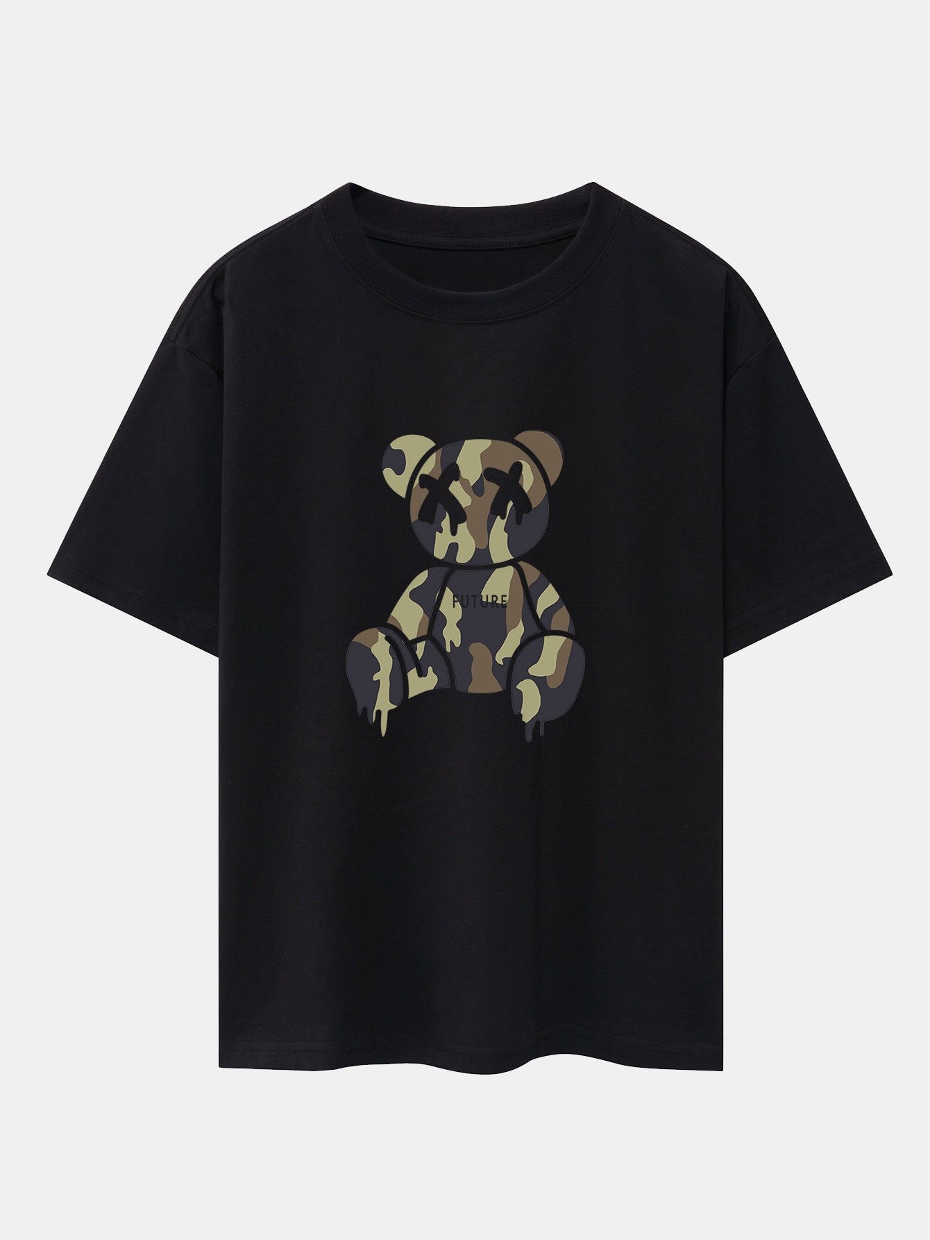Camouflage Dissolving Bear Print Drop Shoulder Oversize T-Shirt