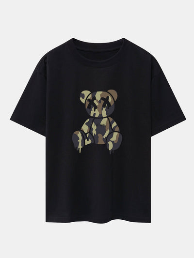 Camouflage Dissolving Bear Print Drop Shoulder Oversize T-Shirt