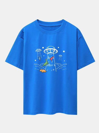 UFO Take Away Dinosaurs Print Drop Shoulder Oversize T-Shirt