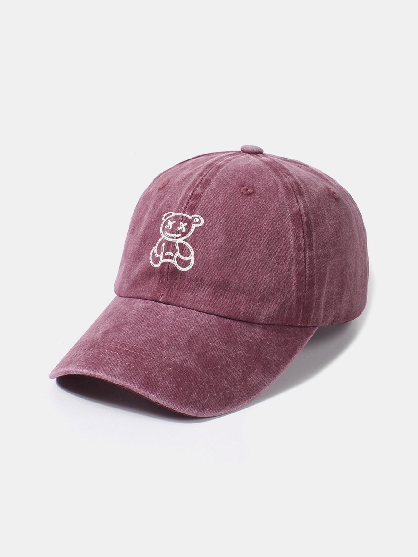 Neutral Casual Washed Cotton Sun Shading Baseball Cap With Teddy Bear Pattern