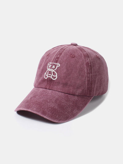 Neutral Casual Washed Cotton Sun Shading Baseball Cap With Teddy Bear Pattern