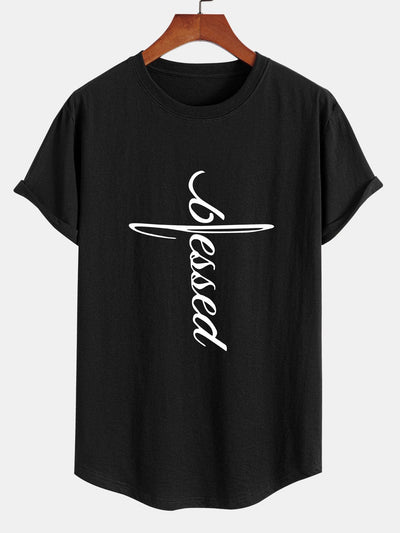 Blessed Word Print Cotton Arc Hem T-Shirt