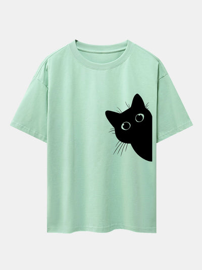 Black Cat Print Drop Shoulder Oversize T-Shirt