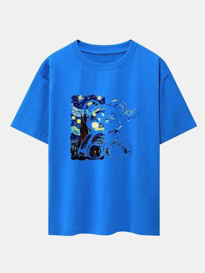 Starry Sky Bear Print Drop Shoulder Oversize T-Shirt