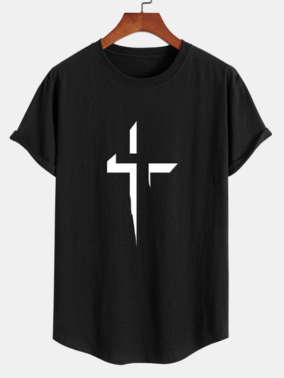 Cross Print Cotton Arc Hem T-Shirt