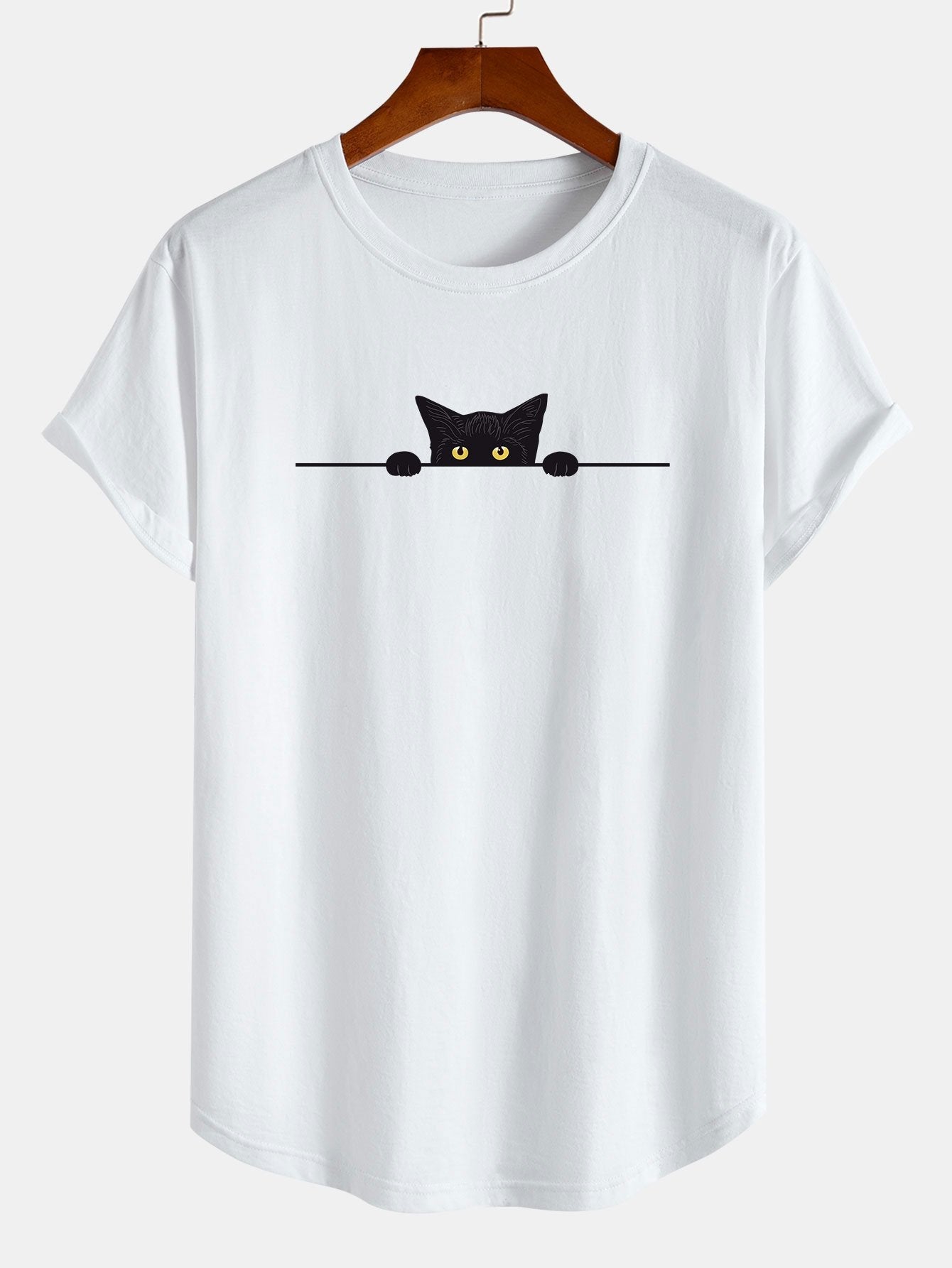 Black Cat Print Cotton Arc Hem T-Shirt