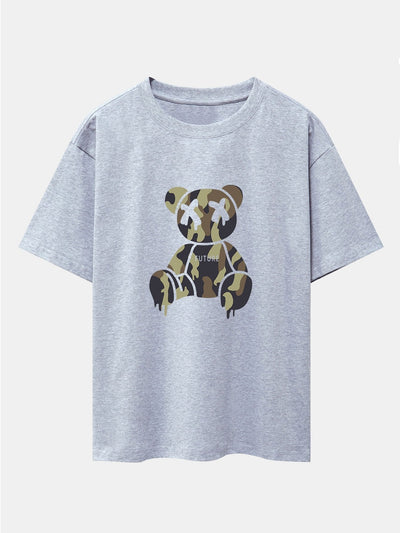 Camouflage Dissolving Bear Print Drop Shoulder Oversize T-Shirt