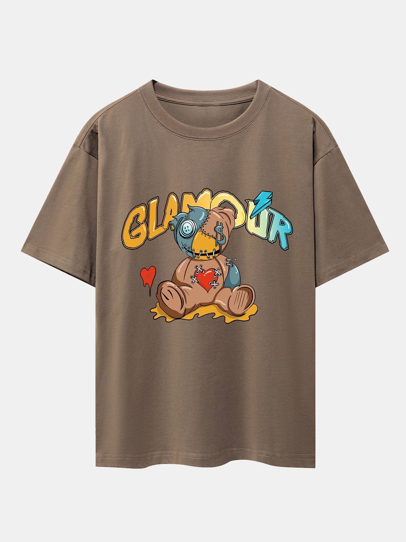 Patched Bear Print Drop Shoulder Oversize T-Shirt