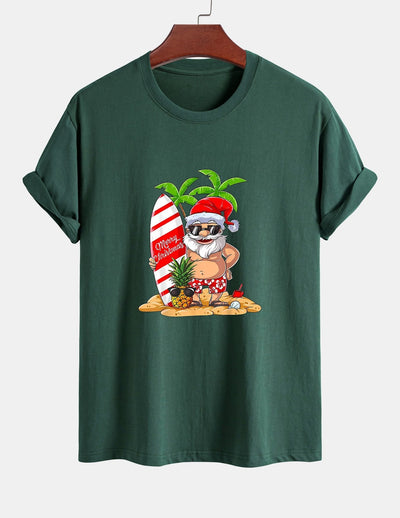 Regular Fit Summer Beach Santa Print Cotton T-Shirt