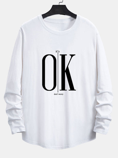 Long Sleeve OK Slogan Print Cotton Arc Hem T-Shirt