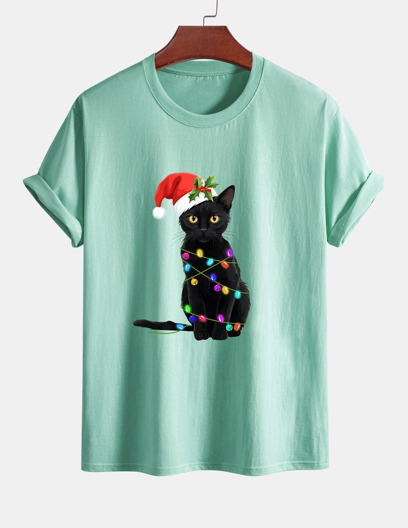 Regular Fit Christmas Lights Cat Print Cotton T-Shirt