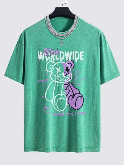 Dissolving Bear Print Washed Drop Shoulder Oversize T-Shirt