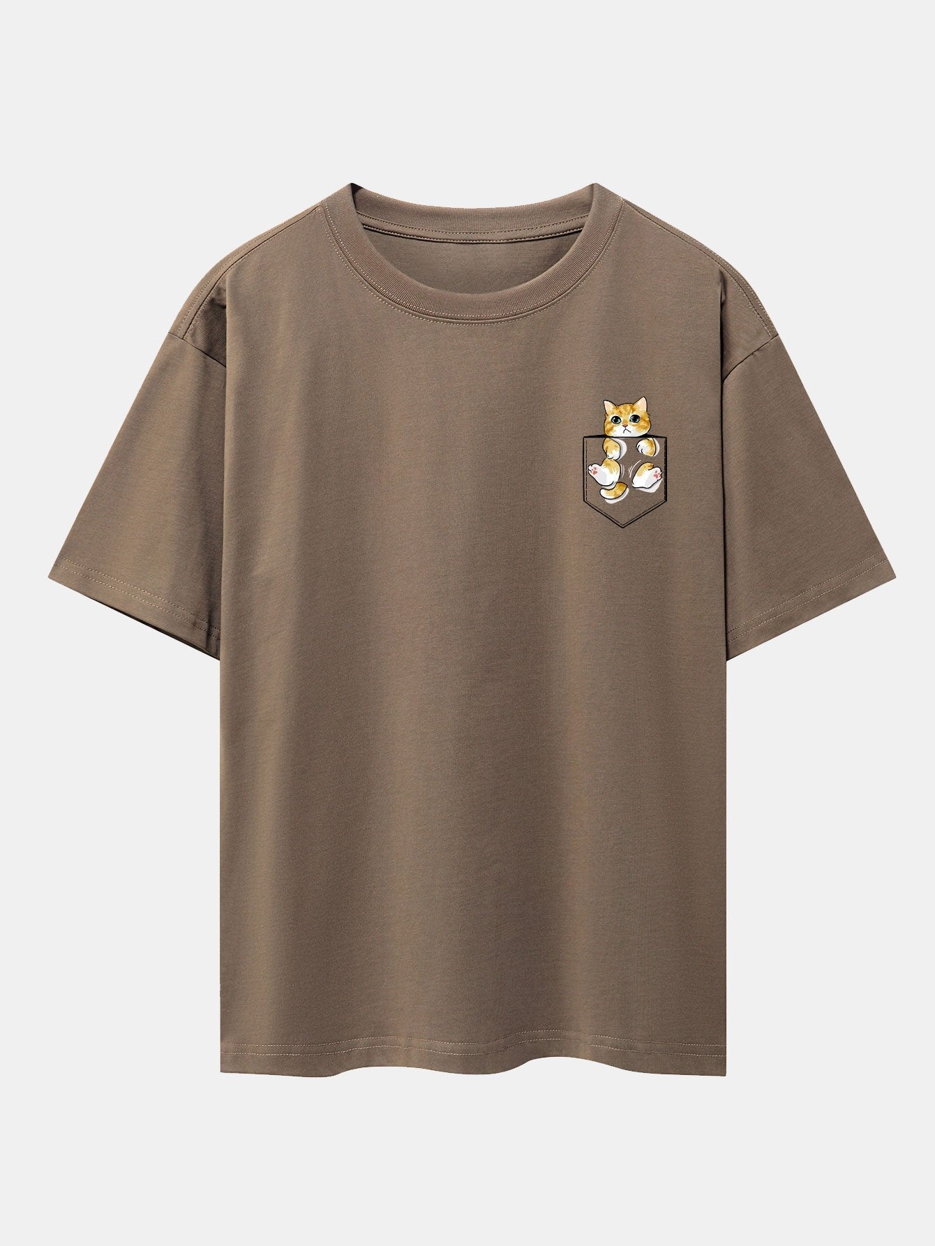 Pocket Cat Print Drop Shoulder Oversize T-Shirt