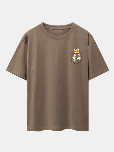 Pocket Cat Print Drop Shoulder Oversize T-Shirt