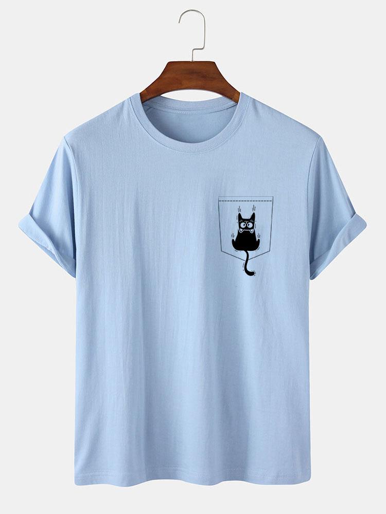 Cat Slipping Out Of Pocket Print T-Shirt