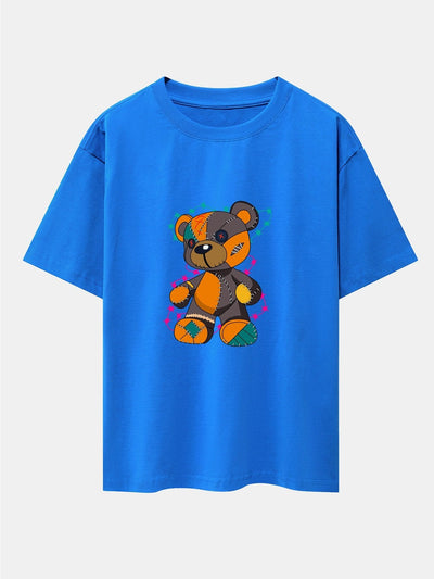 Tattered Bear Print Drop Shoulder Oversize T-Shirt