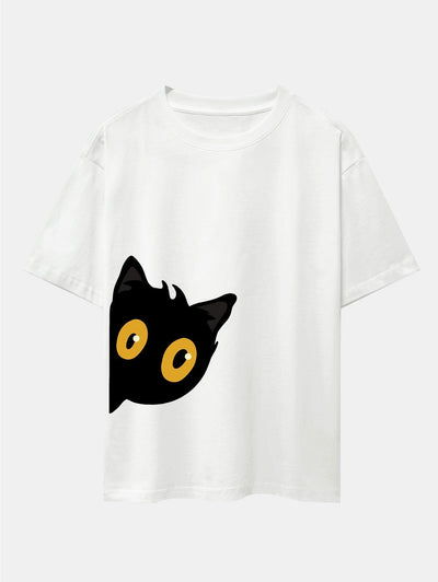 Black Cat Is Watching Print Drop Shoulder Oversize T-Shirt