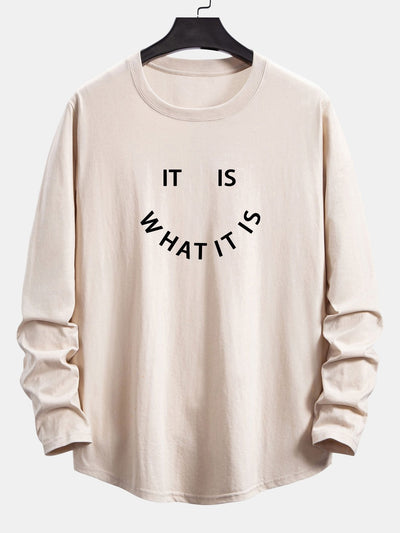 Long Sleeve Slogan Print Cotton Arc Hem T-Shirt