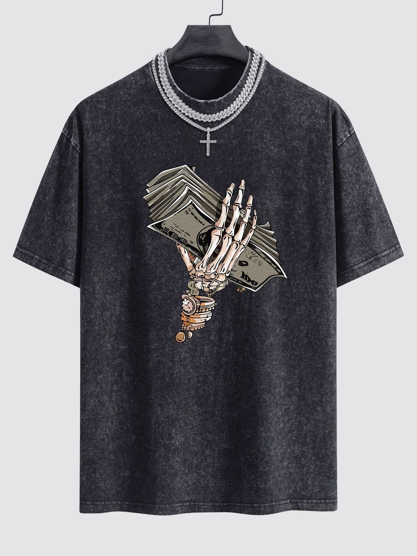 Skeleton Holding Cash Print Washed Drop Shoulder Oversize T-Shirt