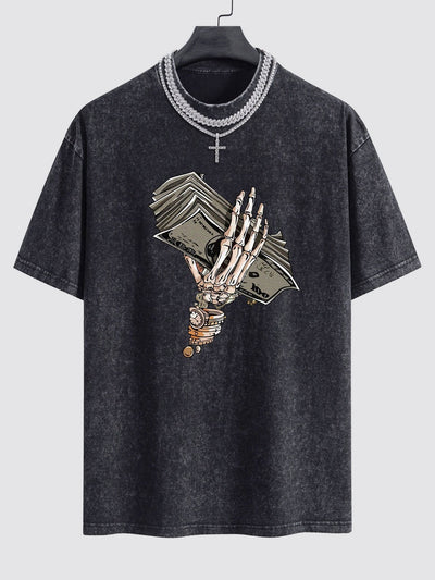 Skeleton Holding Cash Print Washed Drop Shoulder Oversize T-Shirt