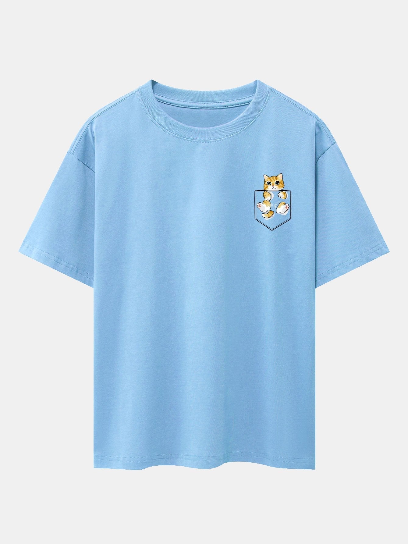 Pocket Cat Print Drop Shoulder Oversize T-Shirt