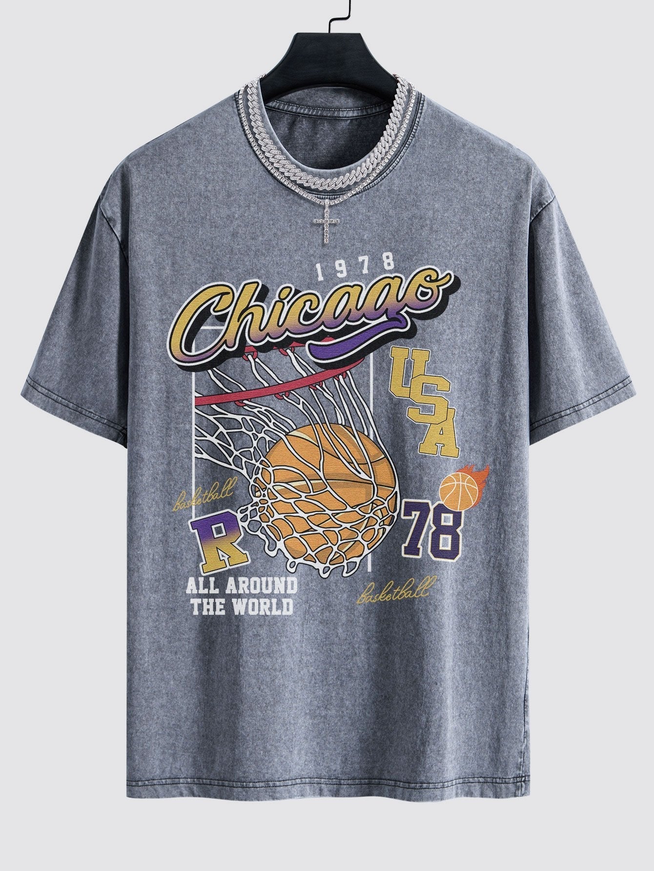 Chicago Basketball Print Washed Drop Shoulder Oversize T-Shirt