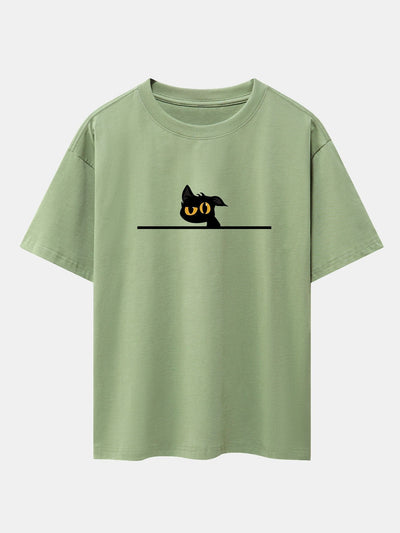 Black Cat In Doubt Print Drop Shoulder Oversize T-Shirt