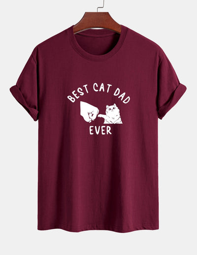 Regular Fit Best Cat Dad Ever Print Cotton T-Shirt