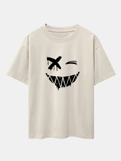 Dissolved Smiley Face Print Drop Shoulder Oversize T-Shirt