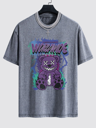 Tattered Bear Print Washed Drop Shoulder Oversize T-Shirt