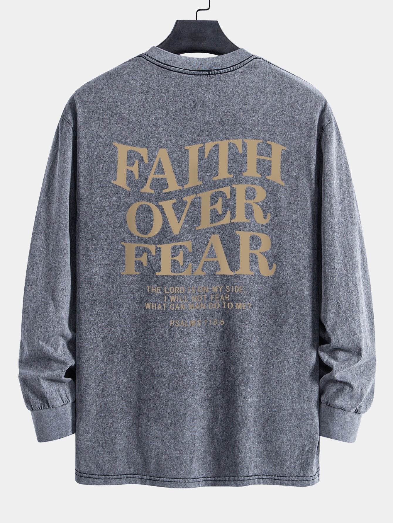 Faith Over Fear Print Relax Fit Long Sleeve Washed Distressed T-Shirt